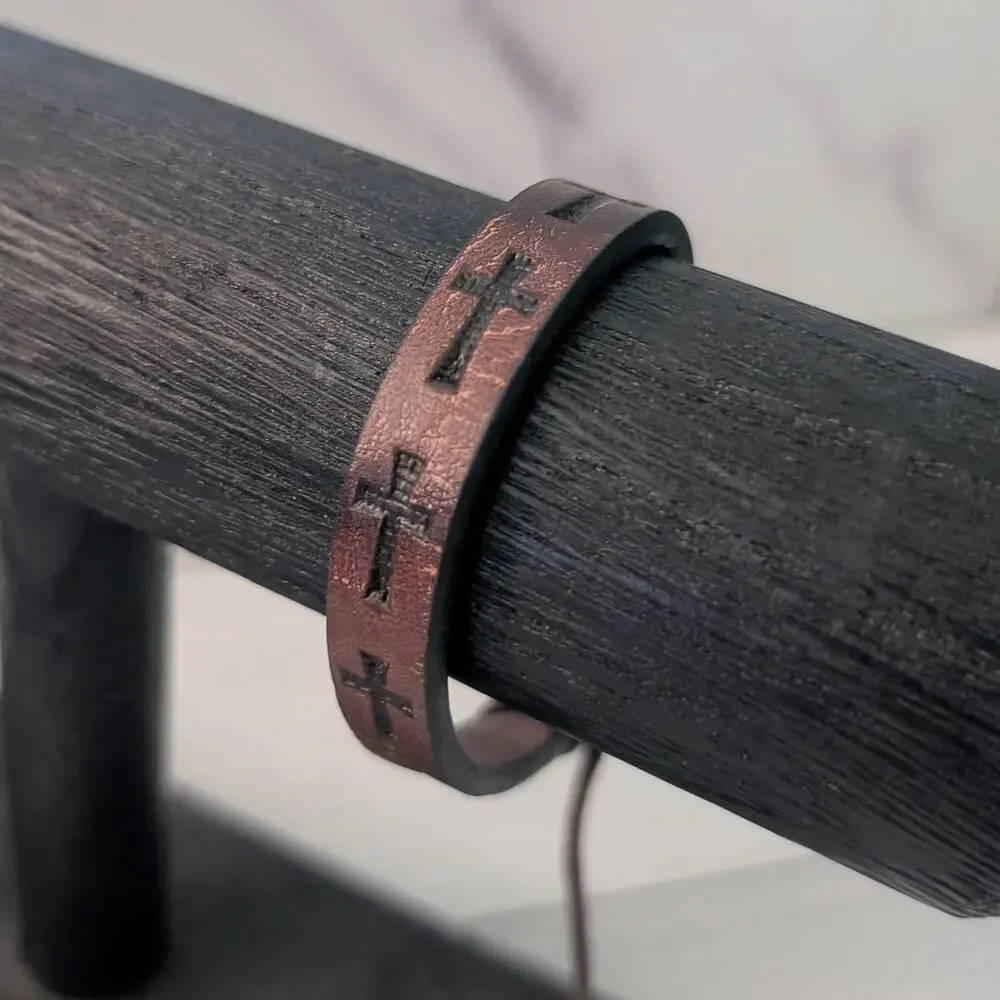 Brown Adjustable Bracelet with Embossed Cross - Fair Condition